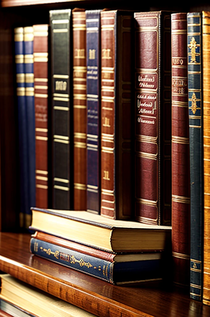 Photorealistic quality. high detail. A closed old book lies on a table in the library.. soft light. Side view. The Russian Word is written on the spine of the book.. Background - shelves with books