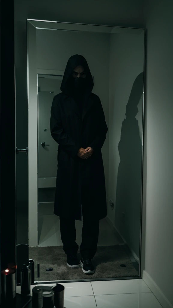A shadowy figure with glowing eyes appearing in the mirror, with a threatening air
