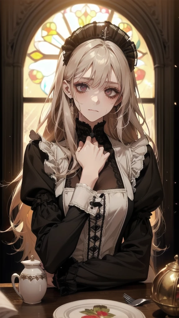 Always detailed face, Perfect lighting, Extremely detailed CG, (Perfect hands, Perfect Anatomy),Very detailed, Long Hair Straight Hair、Dark Gothic Makeup、Dark smile、Restless Palace、Expression of sexual arousal、The beauty of fragrance、22 years old、liar、charm、Embarrassed look、Dark Gothic、Maid clothes、Bell Sleeves、Wizard Sleeve、Obscene language、Stained Glass Background、Tabletop、Highest quality、Sweat glistens on my chest、Drunk face、Maid clothes不思議な、Noble、Gothic Fashion、The body is wet and shiny、I'm sweating a lot、Large Breast Size、Loving smile、Twin tail hair、Platinum Blonde Hair、Jet black frill skirt、Shadow、Gothic bed covered with roses、Transcendental Enchantment is temporarily disabled、A pause in crawling、charm的な脚、Knee-high socks、Thigh-high socks、lace trim bra, lace trim panties, Pink Lingerie, Lace-trimmed legwear, Black lace, Side tie panties, satin panties, garter belt, Good elevator, The whole body is covered in oil and has a glossy appearance. Steam is coming out of my whole body Steam like a sauna room fills the screen.. White breath from the mouth
