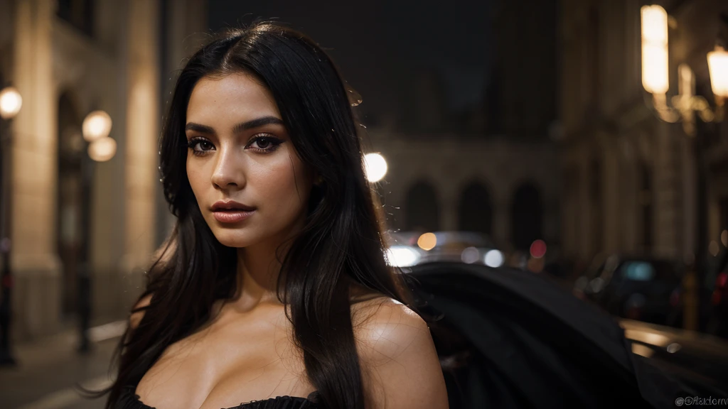 Photorealistic portrait of a beautiful Colombian model with long, thick black hair, wearing a luxurious evening dress with dramatic makeup, creating the effect of instant inspiration in an elegant urban atmosphere, best quality, high resolution, extremely detailed, blurred background, depth of field, cinematic lighting,