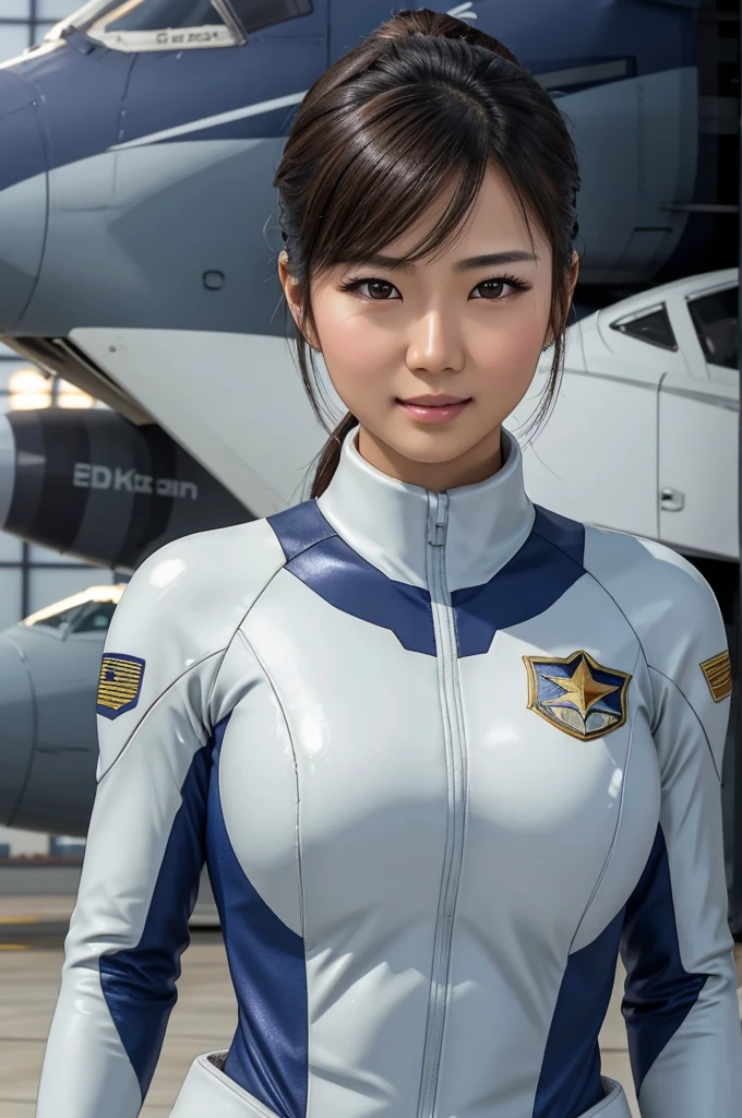 best quality, 8k, very delicate and beautiful, highly detailed face and skin texture, shiny skin, high resolution, beautiful asian girl in eff pilot suit at aircraft hangar, sharp focus
