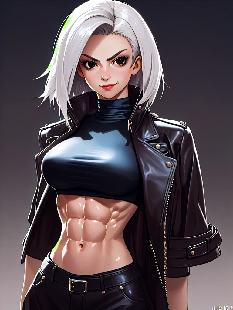 ((Portrait)), She has a Robust Appearance, with a Muscular Build. She Expresses a Smug Look, Giving Off a Self-Confident Attitude. She has Black Eyes, Her Hair is Short and Tousled, Dark Blue Gradient, with Strands Falling Around Her Face. She Wears an Oversized, Open Leather Coat, with a High-Neck Crop Top, Revealing Her Midriff. ((Portrait, HDR, Dark Background)), Masterpiece