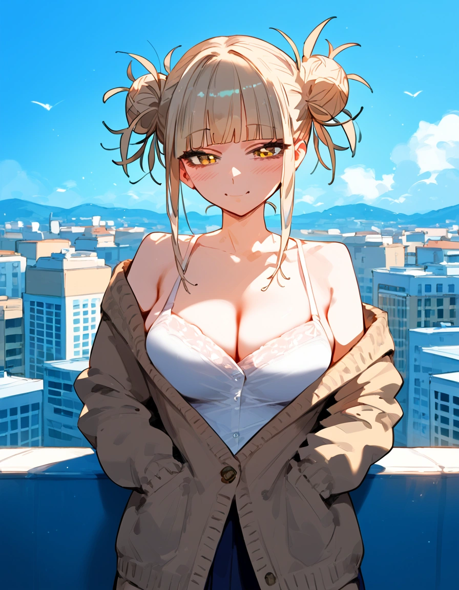 anime artwork, score_9, score_8_up, score_7_up, score_6_up, score_5_up, score_4_up, floox style //////Himiko toga, big breasts, she is 24 years old, style_3, ,,,,cardigan, roof, straight-on, shy