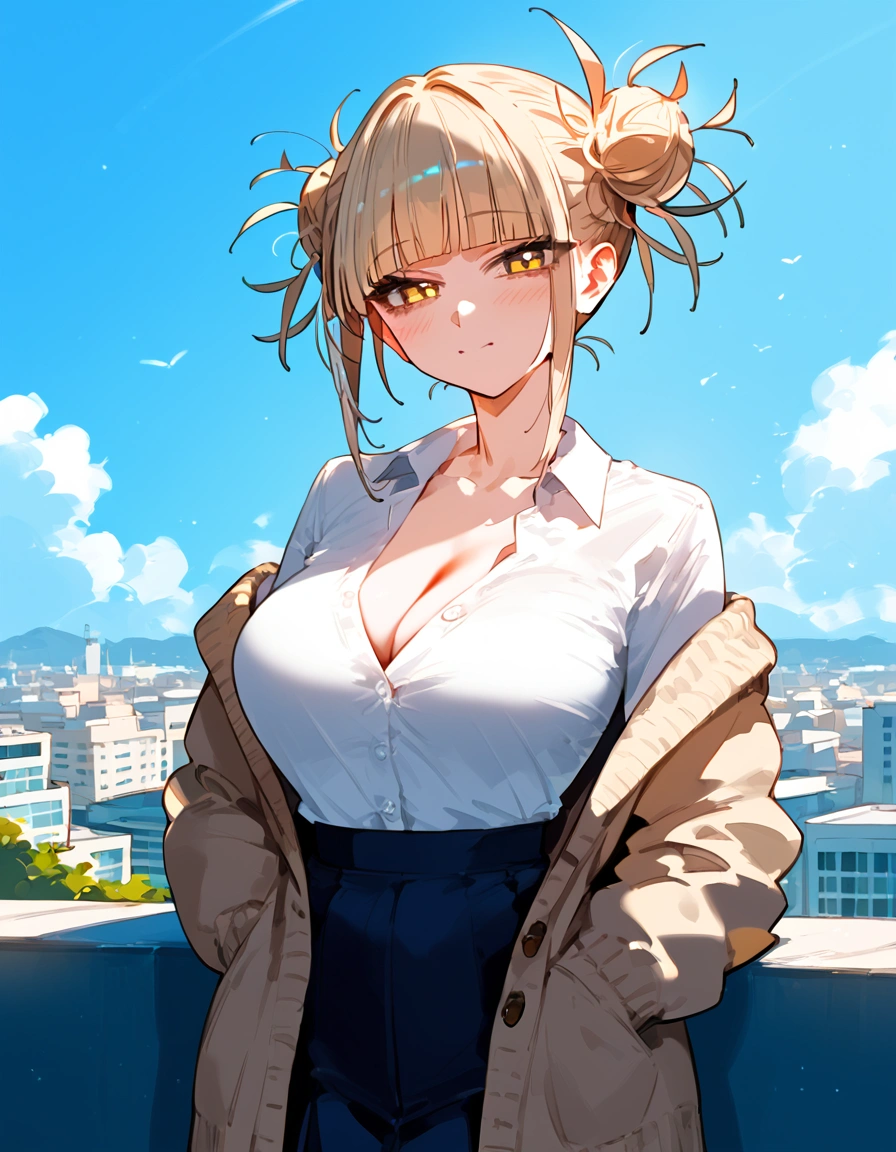 anime artwork, score_9, score_8_up, score_7_up, score_6_up, score_5_up, score_4_up, floox style //////Himiko toga, big breasts, she is 24 years old, style_3, ,,,,cardigan, roof, straight-on, shy