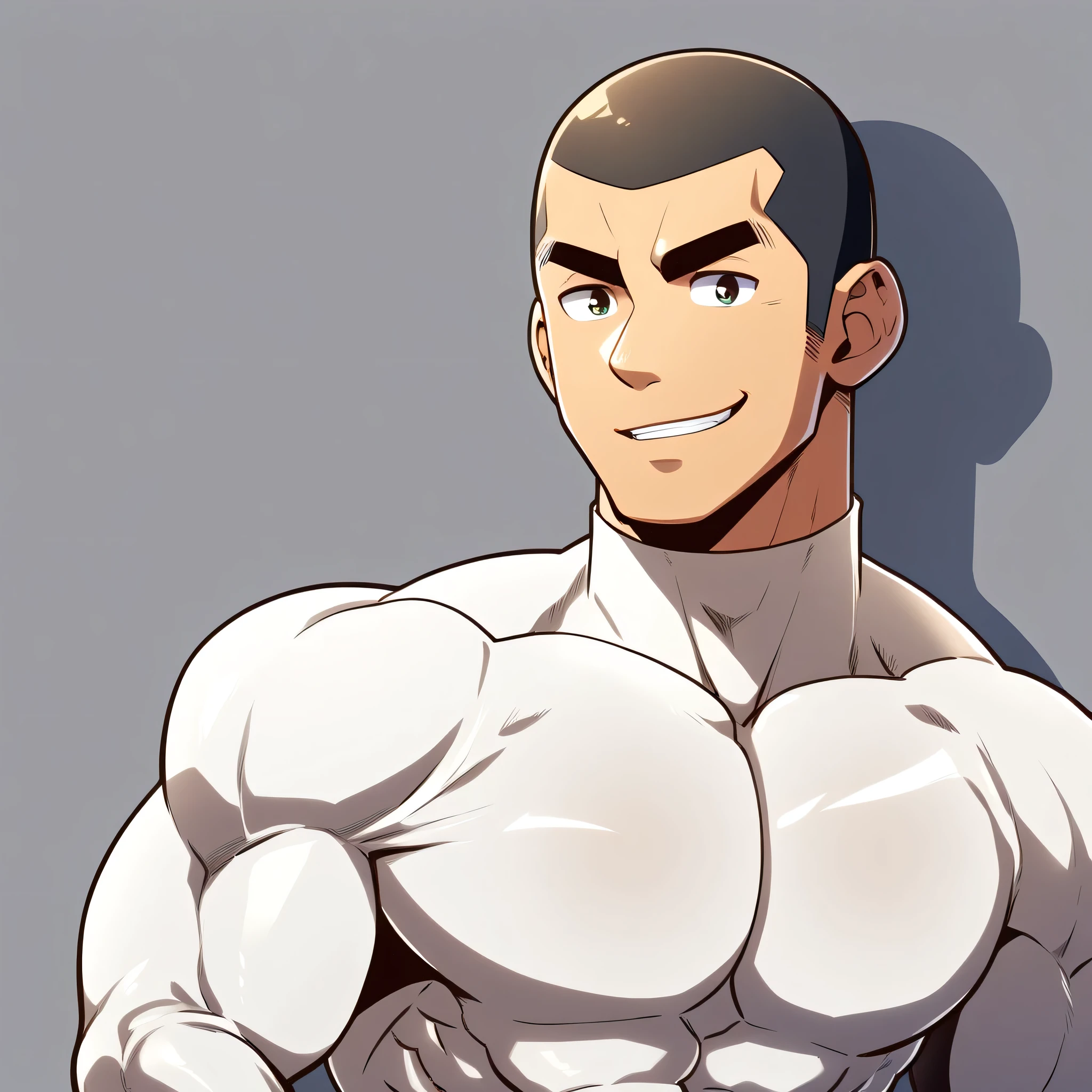 anime characters:Gyee, Muscle Sports Student, Buzz Cut, Manliness, male focus, Cute boy with big eyes, Mike White high collar long sleeve tight T-shirt, Slightly transparent material, Very tight, Round, full and perky chest muscles, Slightly transparent, muscular male, muscular, only, Upper body, alone, Black short hair, Thick eyebrows, stubble, Cute little eyes, Brown-red pupils, Grey background, simple background, amazing quality, best aesthetics, Ridiculous, crew cut, parted lips, seductive smile, torogao, naughty face, drop shadow, best quality