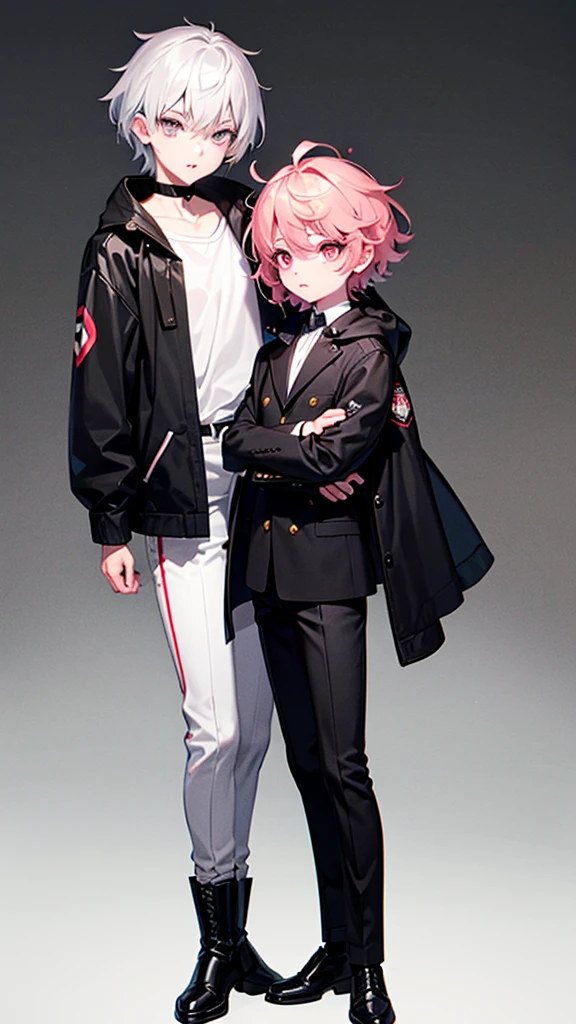 A boy with pink hair cut into a heart shape, silver eyes, White skin, he wears a long black jacket, some big boots, white eyes. black pants, It&#39;s masculine 