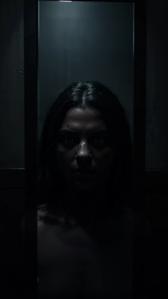 a dark shadowy figure with glowing eyes appearing in a mirror, with a threatening atmosphere, detailed face, cinematic lighting, dark moody colors, dramatic, photorealistic, 8k, (best quality,4k,8k,highres,masterpiece:1.2),ultra-detailed,(realistic,photorealistic,photo-realistic:1.37)