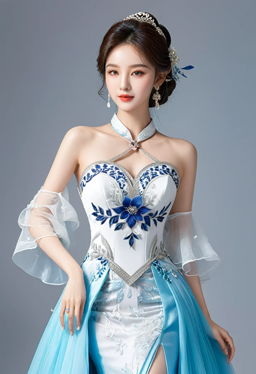 Realistic photo style, whole body 사진에 아름다운 아시아 소녀가 등장합니다., Wearing a unique ethnic style evening gown with delicate skin., bright and lively eyes, Thick eyelashes that look especially attractive. Long dresses are slim and elegant., Eye-catching silver jewelry and alcohol. The high-collar design adds an elegant atmosphere., Color of blue and white porcelain. using light and shadow, The vivid and harmonious appearance of the protagonist is highlighted... whole body, (masterpiece, best quality, professional, perfect composition, very aesthetic, absurd, very detailed, intricate details:1.3)