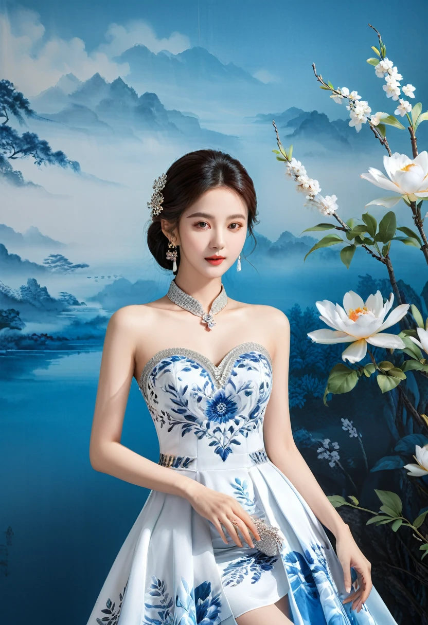 Realistic photo style, whole body 사진에 아름다운 아시아 소녀가 등장합니다., Wearing a unique ethnic style evening gown with delicate skin., bright and lively eyes, Thick eyelashes that look especially attractive. Long dresses are slim and elegant., Eye-catching silver jewelry and alcohol. The high-collar design adds an elegant atmosphere., Color of blue and white porcelain. using light and shadow, The vivid and harmonious appearance of the protagonist is highlighted... whole body, (masterpiece, best quality, professional, perfect composition, very aesthetic, absurd, very detailed, intricate details:1.3)