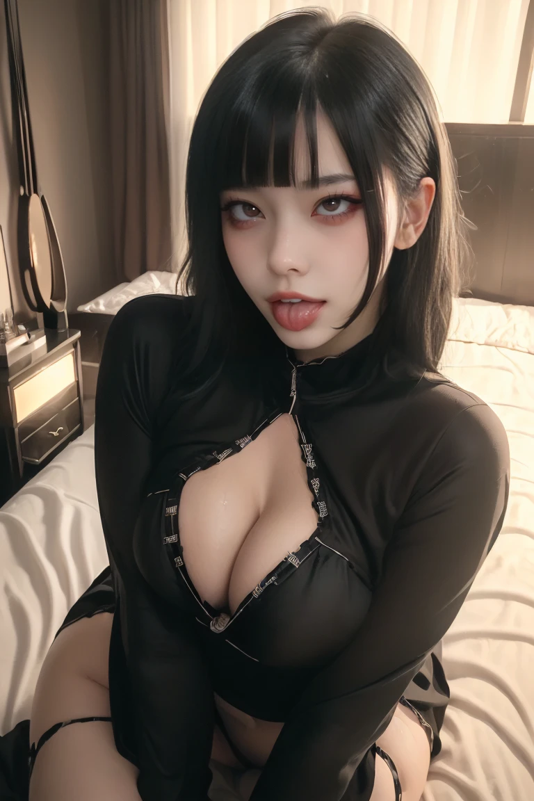 (Sexy black lingerie:1.3)、(lying on bed:1.5),Ultra-high resolution、(((Blunt bangs, Princess Van))), (((Very heavy,Voluminous bangs:1.1))),(((very length, Very heavy,Very voluminous side locks:1.1))),, Princess Cut, Straight bangs hairstyle, Round face with Blunt bangs, length, Glossless hair、The bangs are cut straight,(masterpiece, Highest quality:1.5), (Ultra-fine 8K CG:1.4), (hyperRealistic:1.25), (PhotoRealistic:1.25), (Realistic:1.4), Cowboy Shot, (Look above:1.35), (One from the front.4), (Smile 1.3), Beautiful Japanese Girl, ************, Supermodel, Japanese Idols, (Grin), ((Big Breasts:1.5)), Sweat、(Sleep in bed:1.5)、Accentuate your cleavage、Black Hair:1.2、Full body images、((Real person:1.5))、(Underarm:1.5)、Perfect balance、(From above:1.2)、(Sweat:1.5)