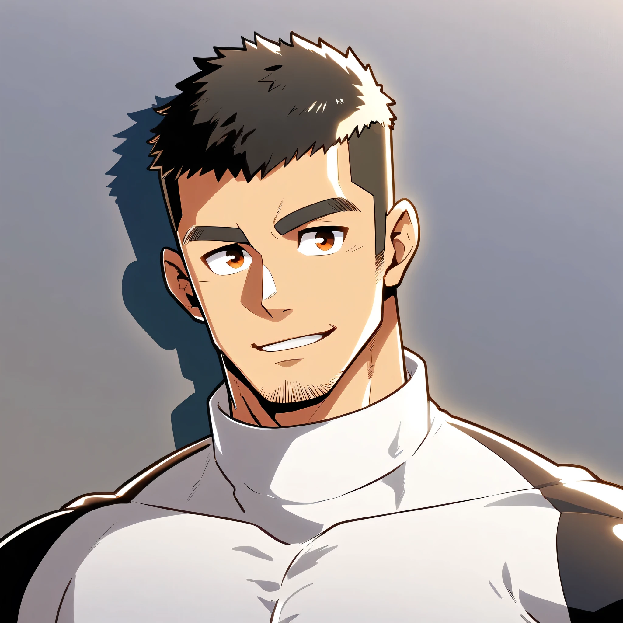 anime characters：Gyee, Muscle Sports Student, Buzz Cut, Manliness, male focus, Cute boy with big eyes, Mike White high collar long sleeve tight T-shirt, Slightly transparent material, Very tight, Round, full and perky chest muscles, Slightly transparent, muscular male, muscular, only, Upper body, alone, Black short hair, Thick eyebrows, stubble, Cute little eyes, Grey background, simple background, amazing quality, best aesthetics, Ridiculous, crew cut, parted lips, seductive smile, torogao, naughty face, drop shadow, best quality