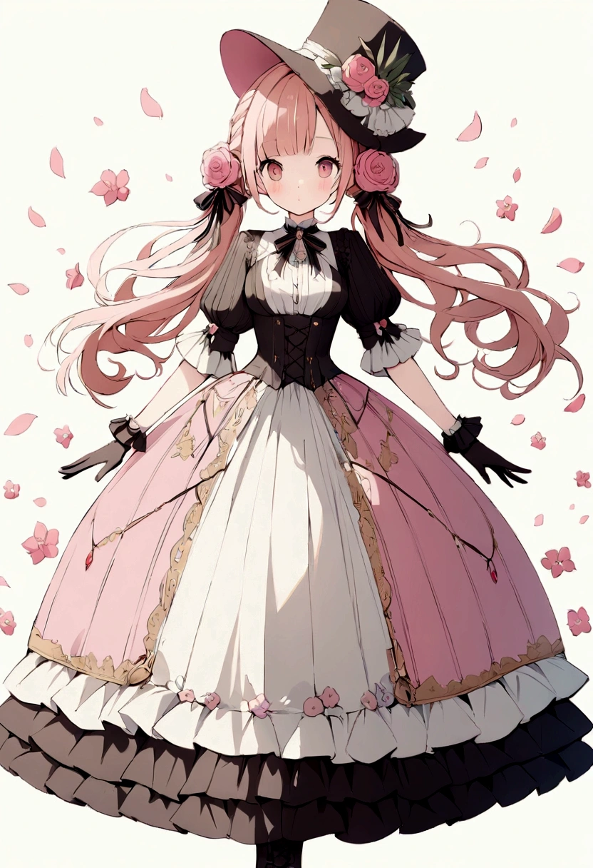 (Masterpiece), (best quality), illustration of Victorian Girl、kawaii girl、aniime、 1. **lo fashion**: Victorian fashion is characterized by dressy and elegant design。Ruffles and laces、corsets、Try incorporating elements such as long dresses。 2. **hairstyle on**: Women's hairstyles in the Victorian era are often complex and delicate。Upstyling and curling、It is also a good idea to add ribbons and floral ornaments to the hair.。 3. **Features**: girl features with soft features、Beautiful、kawaii、intelligent Beatty, Beautiful 5. **accessorized**: Accessories played an important role in the Victorian era。Hats、gloves、umbrellas, etc.、By drawing accessories with attention to detail、You can give your character personality。 Nice dress、florals、Luxurious costumes、PastelColors, (shining brightly), ((dazzling)), (floating a lot of flower petals, ((2D)), ((paper art))