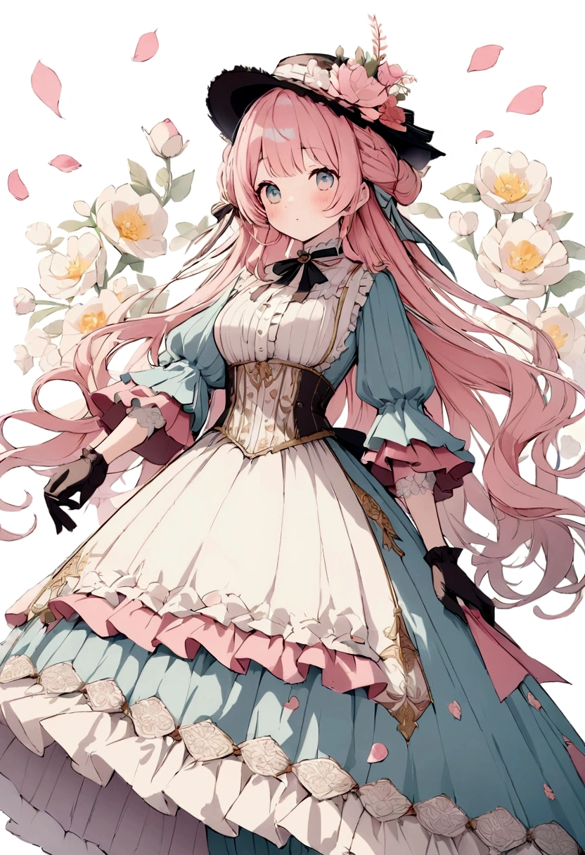 (Masterpiece), (best quality), illustration of Victorian Girl、kawaii girl、aniime、 1. **lo fashion**: Victorian fashion is characterized by dressy and elegant design。Ruffles and laces、corsets、Try incorporating elements such as long dresses。 2. **hairstyle on**: Women's hairstyles in the Victorian era are often complex and delicate。Upstyling and curling、It is also a good idea to add ribbons and floral ornaments to the hair.。 3. **Features**: girl features with soft features、Beautiful、kawaii、intelligent Beatty, Beautiful 5. **accessorized**: Accessories played an important role in the Victorian era。Hats、gloves、umbrellas, etc.、By drawing accessories with attention to detail、You can give your character personality。 Nice dress、florals、Luxurious costumes、PastelColors, (shining brightly), ((dazzling)), (floating a lot of flower petals, ((2D)), ((paper art))