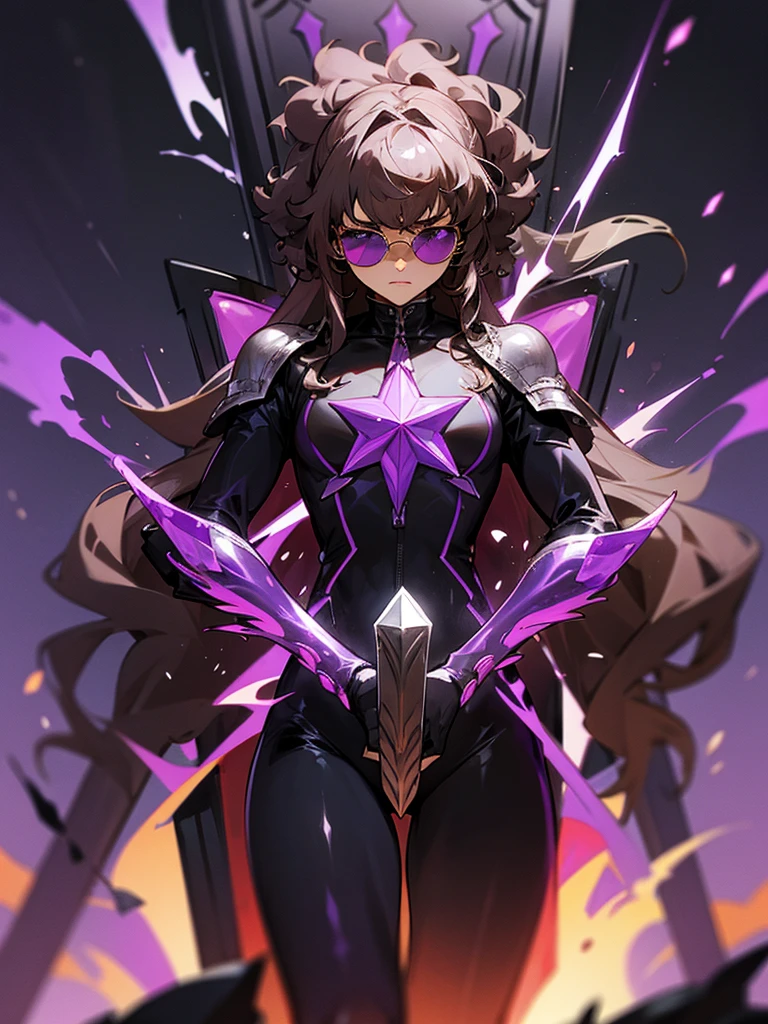 Silver world, brown afro hair, black riding suit, sunglasses, purple flames, purple throne
