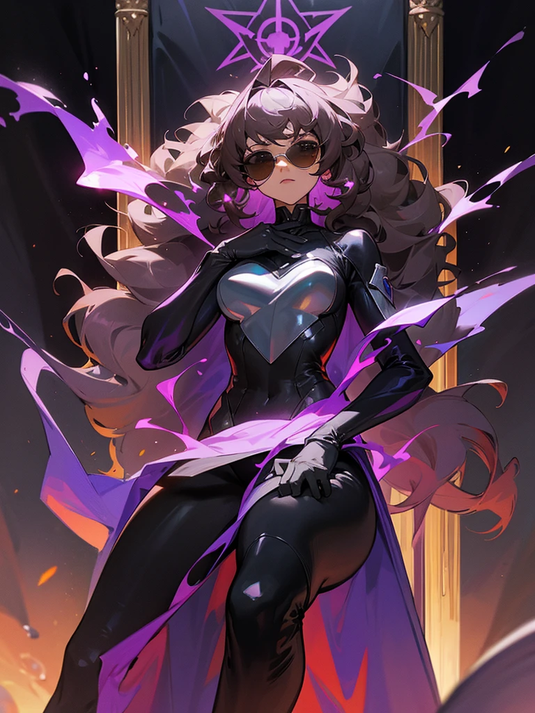 Silver world, brown afro hair, black riding suit, sunglasses, purple flames, purple throne