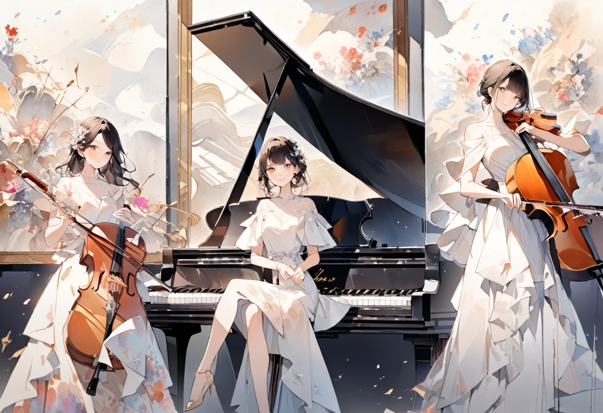watercolor painting, watercolor detailed art, watercolor splash, art, fusion of paper cutting and shadow puppetry, best quality, super fine, 16k, 2.5D, delicate and dynamic depiction, trio, (piano, violin, cello), three beautiful women performer in dresses, portrait, elegant effects, detailed decorated backgrounds, texture of old paper, abstract painting