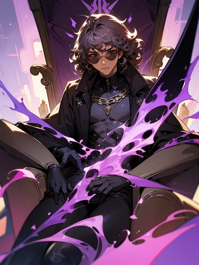 Silver world, brown afro hair, black riding suit, sunglasses, purple flame, purple throne, young man