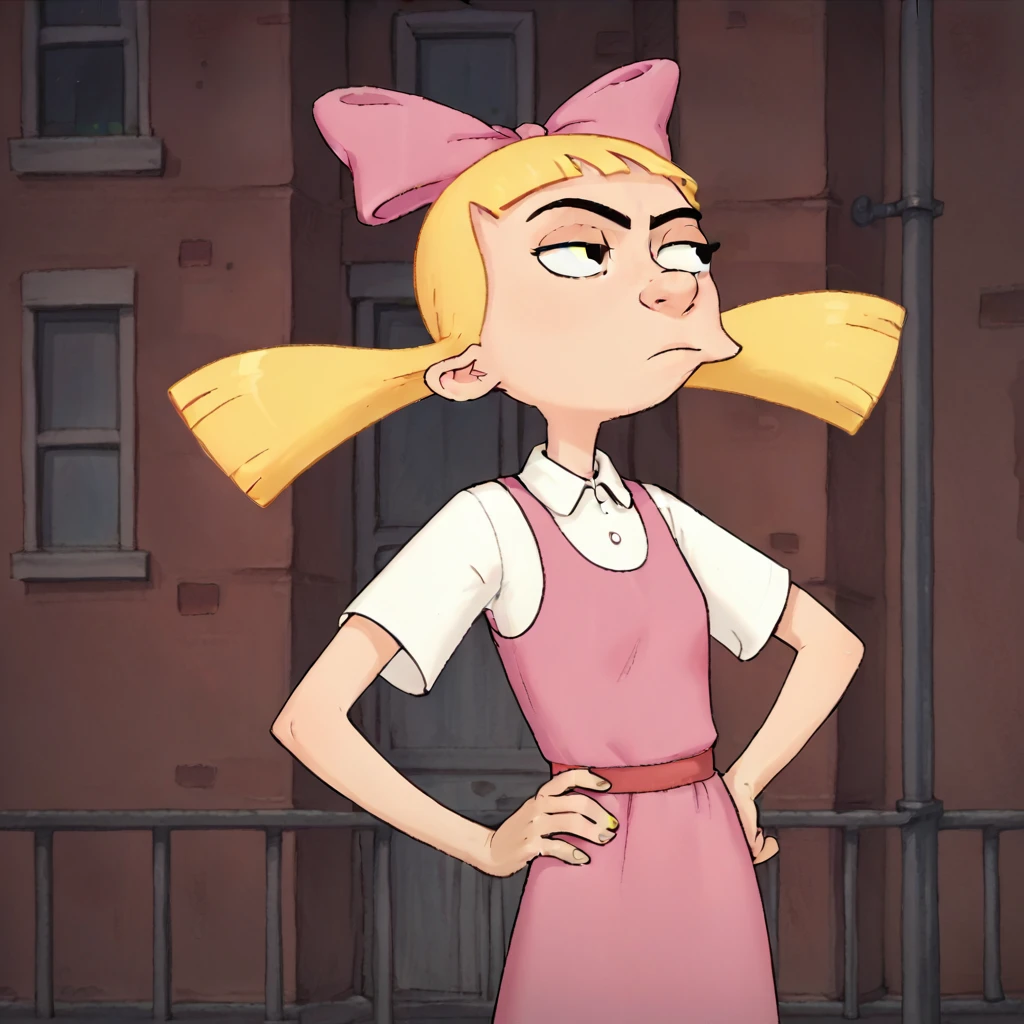 helga, solo, 1girl, blonde hair, floating hair, black eyes, twintails, monobrow, hair bow, pink dress, looking to the side, simple background,hand on own hip,  white shirt,outdoors,city,  score_9, score_8_up, score_7_up, score_6_up