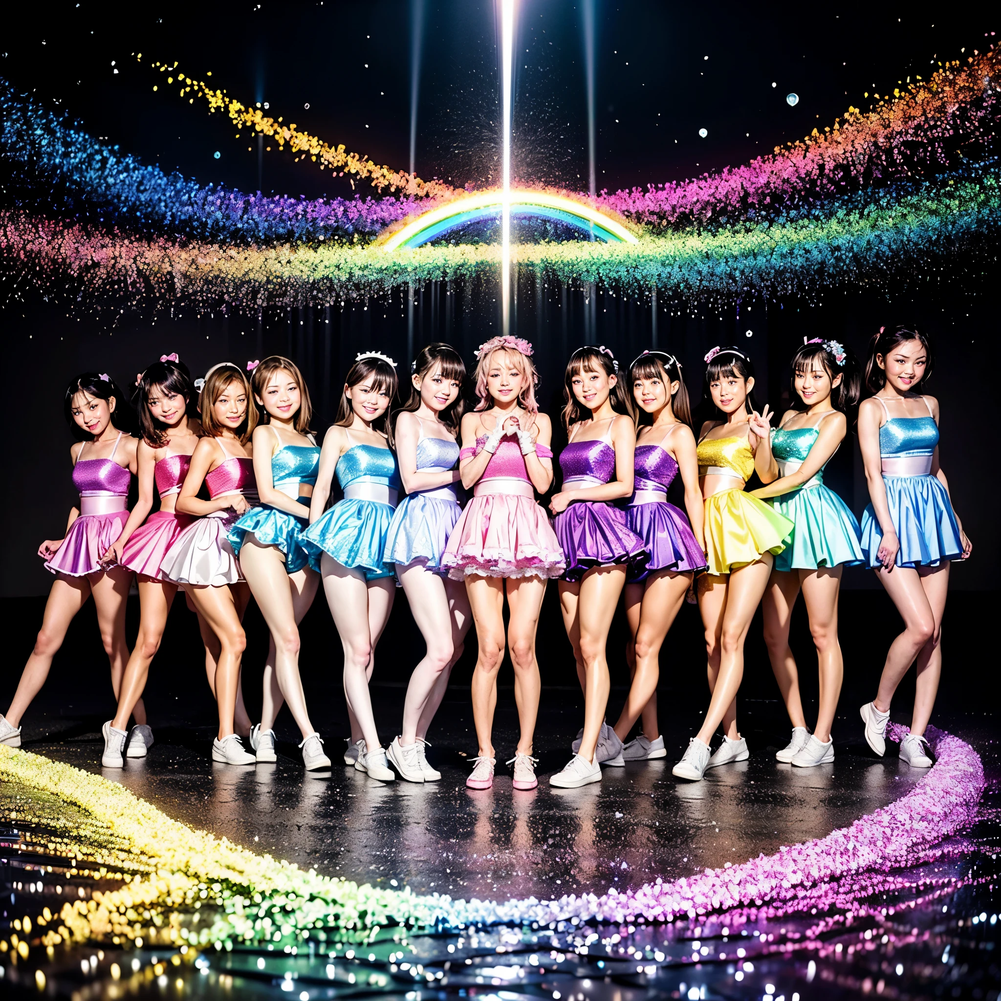 ((ExtremelyDetailed (PUNIPUNI KAWAII 12 Girls in a row:1.37) Shibuya Hachiko-mae scramble crossing)), (masterpiece 8K TopQuality:1.2) (ProfessionalPhoto:1.37), {(Standing Full Body:1.2)|Dancing}, Different types of hair colors, {((White skinny Athletic wear))|SchoolUniform|Tutu}, {(Hidden Hand)|(Corrected BabyLike hand)}, (Joyful Expressions LifeLike Rendering), PerfectLighting (RainbowColor particles:1.2)(Dazzling Blurred ColorfulLights) MotionBlur  BREAK  (Acutance:0.8) Impeccable Radiant PearlSkin with Transparency . (((no extra limbs)))