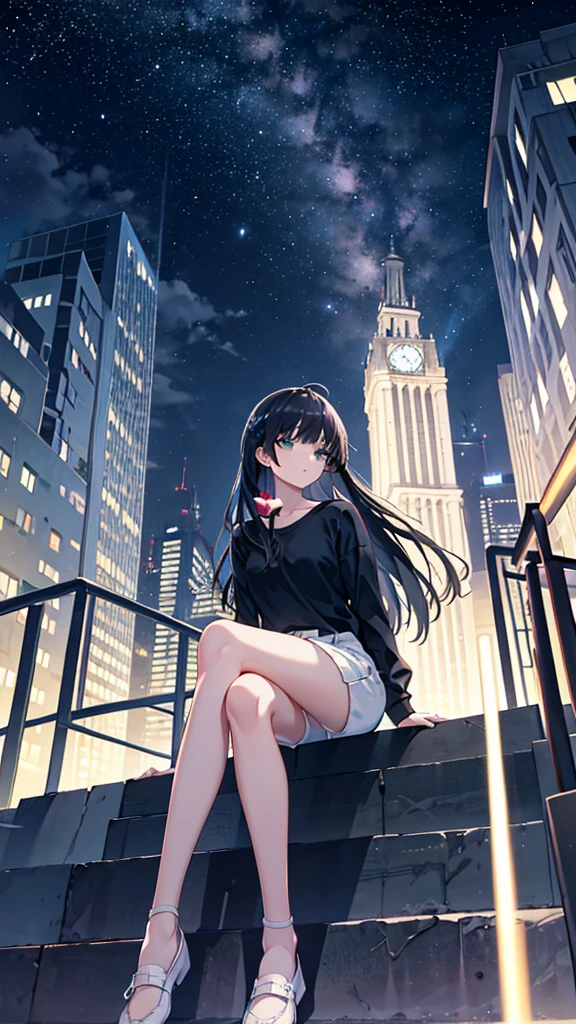 masterpiece, Exquisite detail,Highest quality, One girl, alone, handrail, cloud, Looking up at the buildings,Long Hair, NULL, Long sleeve, Power lines, White footwear, Black Hair, View your viewers, Electric pole, bangs, cloudy NULL, fish, bird, Green Eyes, Shorts, Day, Black Shirt, barefoot,Whale flying in the sky,Giant whale,night,star,milky way,night,Pitch black,Buildings,Sitting