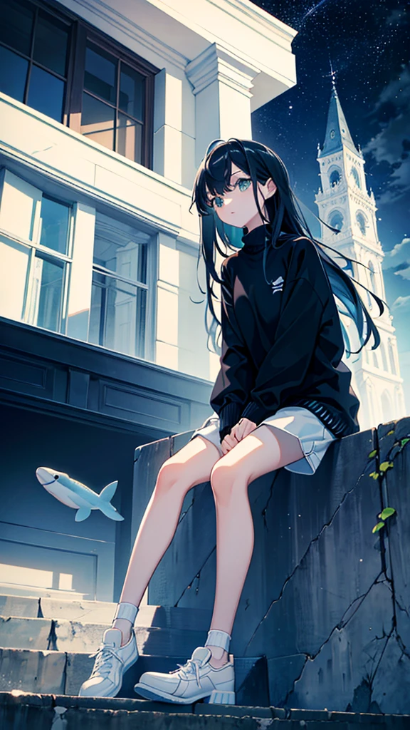 masterpiece, Exquisite detail,Highest quality, One girl, alone, handrail, cloud, Looking up at the buildings,Long Hair, NULL, Long sleeve, Power lines, White footwear, Black Hair, View your viewers, Electric pole, bangs, cloudy NULL, fish, bird, Green Eyes, Shorts, Day, Black Shirt, barefoot,Whale flying in the sky,Giant whale,night,star,milky way,night,Pitch black,Buildings,Sitting