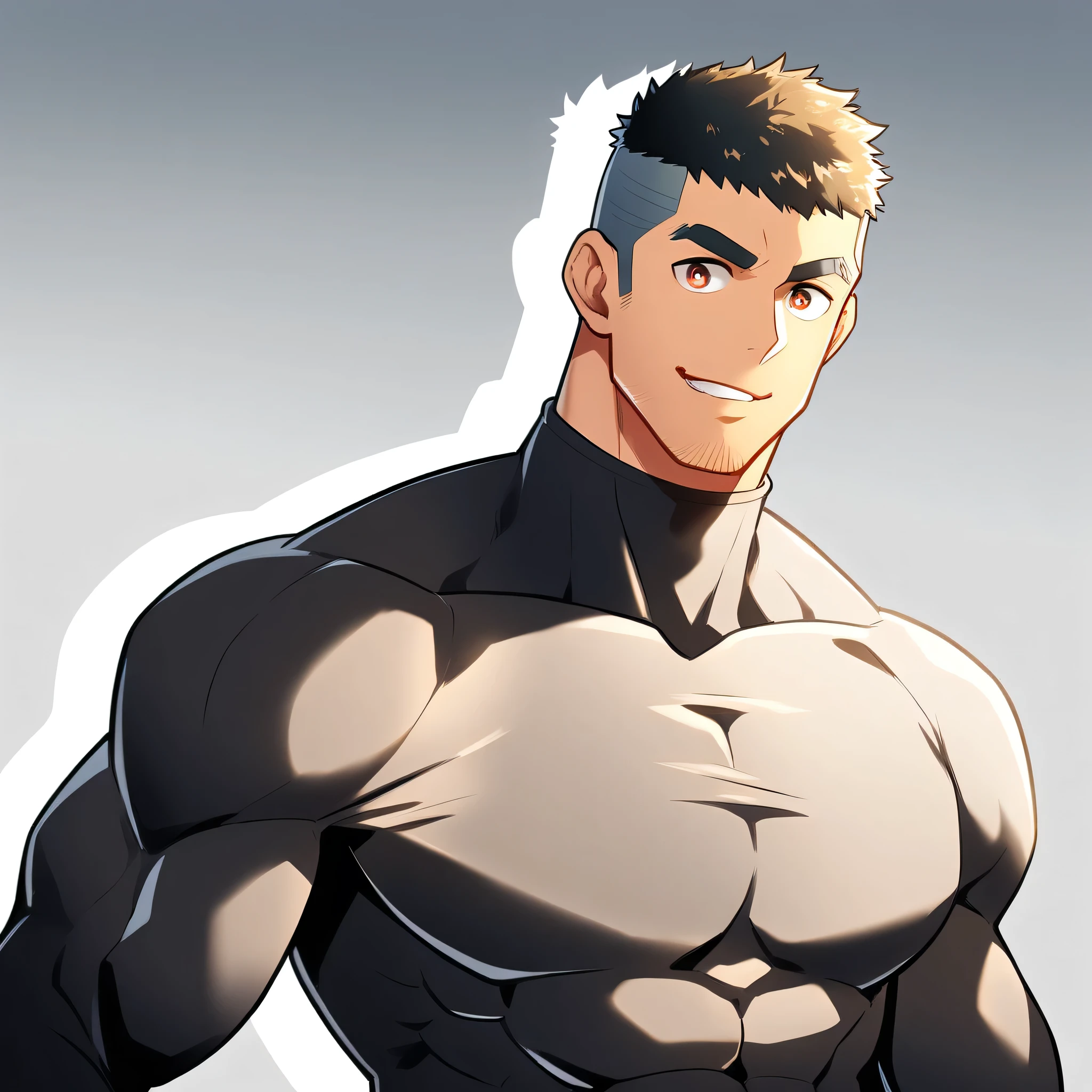 anime characters:Gyee, Muscle Sports Student, Buzz Cut, Manliness, male focus, Cute boy with big eyes, Mike White high collar long sleeve tight T-shirt, Slightly transparent material, Very tight, Round, full and perky chest muscles, Slightly transparent, muscular male, muscular, only, Upper body, alone, Black short hair, Thick eyebrows, stubble, Cute little eyes, Brown-red pupils, Grey background, simple background, amazing quality, best aesthetics, Ridiculous, crew cut, parted lips, seductive smile, torogao, naughty face, drop shadow, best quality