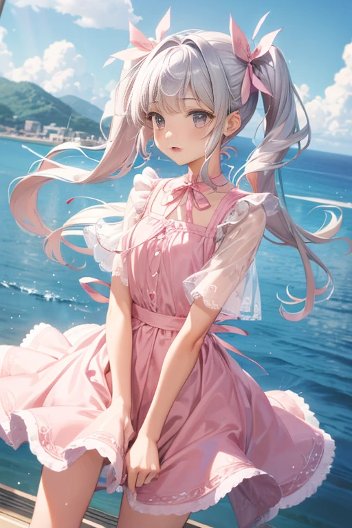 girl　long long silver twintails　Cute detailed face　Pink Short dress with big ribbon　 in summer  Skirts that flip in the wind　on yatch