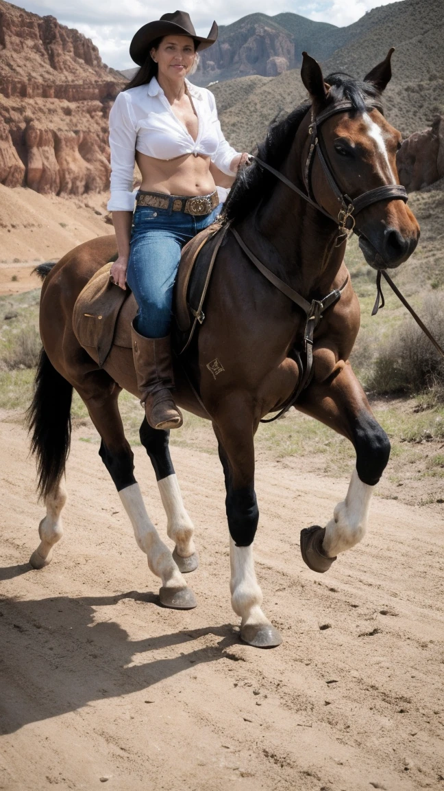 Solo milf, cowgirl at western, hot fleshy cougar, leather bikini top, leather hotpants with cowboy belt, cowboy boots, fullbody pose, revolver holster on thigh, surrounded by wildwest canyon view vibe while riding a stallion-horse with impressive huge horse cock),BREAK, (masterpiece),(best quality),(masutaa piisu),BREAK, the horse is displaying its huge horse-penis,must generate horse cock for the stallion-horse, riding on a horse, cloudy dark sky, 