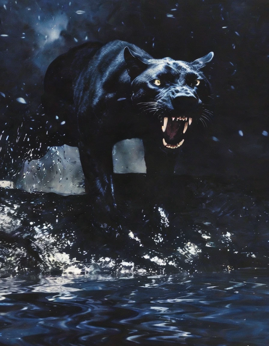 black panther in water, stars background