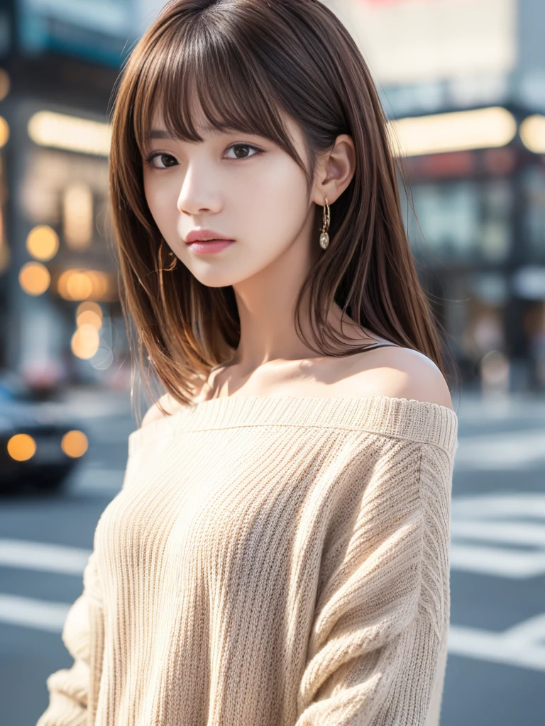 Ultra High Definition, Superior Quality, Premier Quality, ultra detailed, Photorealistic, 8k, RAW Photos, highest quality, masterpiece, Attractive girl, Stunning girl, Brown Hair, Shoulder Length Layered, asymmetrical bangs, K-pop Idol, Sophisticated, Stylish, white knit, Shibuya, 