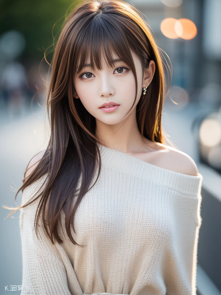 Ultra High Definition, Superior Quality, Premier Quality, ultra detailed, Photorealistic, 8k, RAW Photos, highest quality, masterpiece, Attractive girl, Stunning girl, Brown Hair, Shoulder Length Layered, asymmetrical bangs, K-pop Idol, Sophisticated, Stylish, white knit, Shibuya,