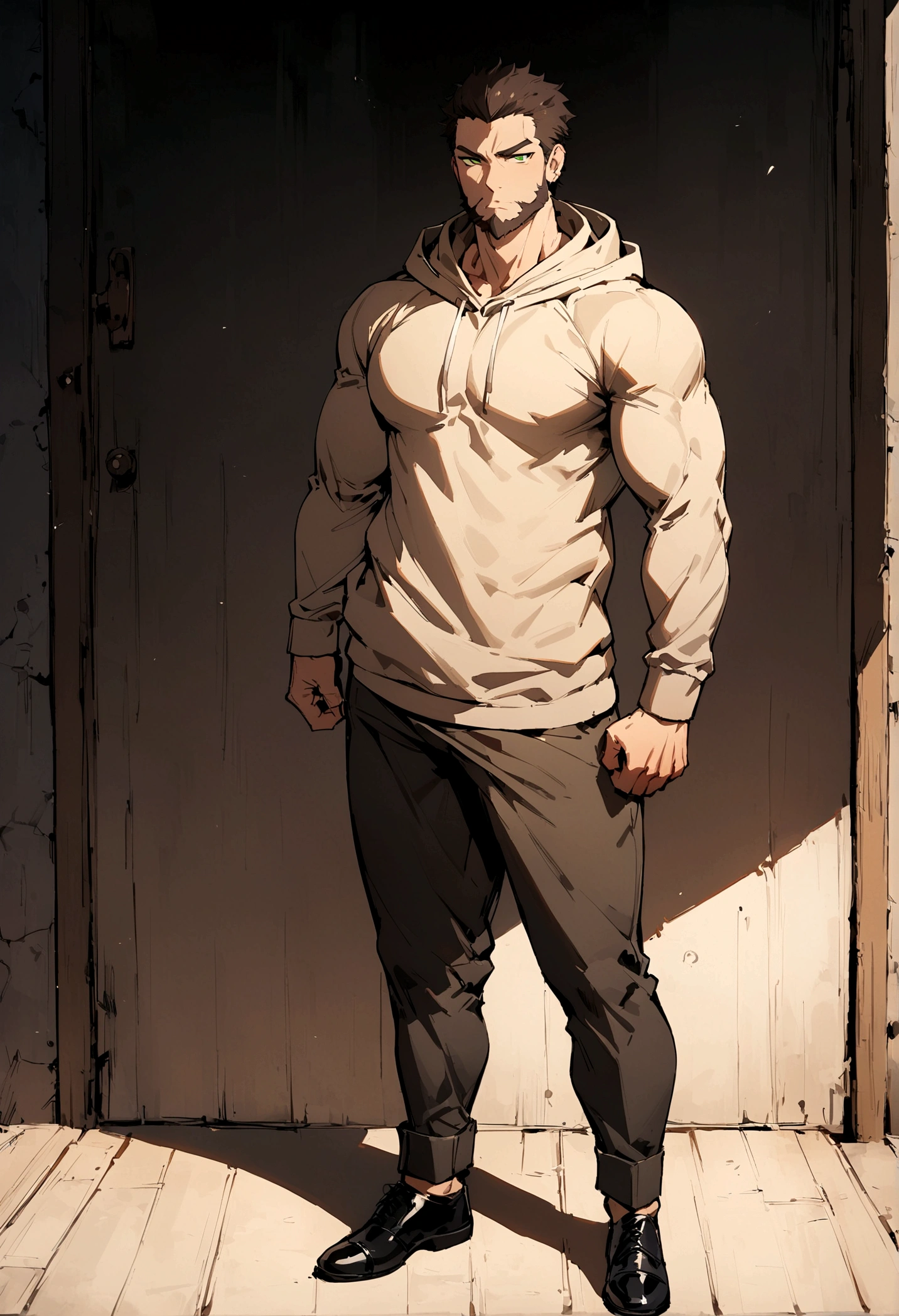 fullbody,masterpiece,standing,light brown hoodie,dark brown unruly short hair,green eyes, bangs,adult,1boy,solo,light stuble,slight beard,slim,muscular