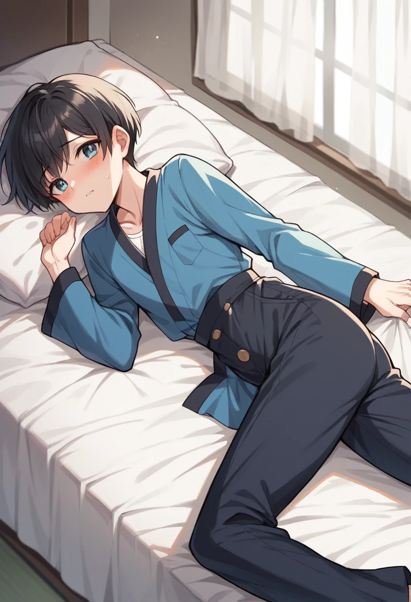 (masterpiece),(Highest quality),sexy,Navy blue kimono,Clothes falling apart,Black Hair,Short Bob,Bangs,Curl your hair outwards on both sides,crossdresser,cute,blush,Watery eye,Iris,Bed in your room,seat,Black spats,pants,Crossdresser