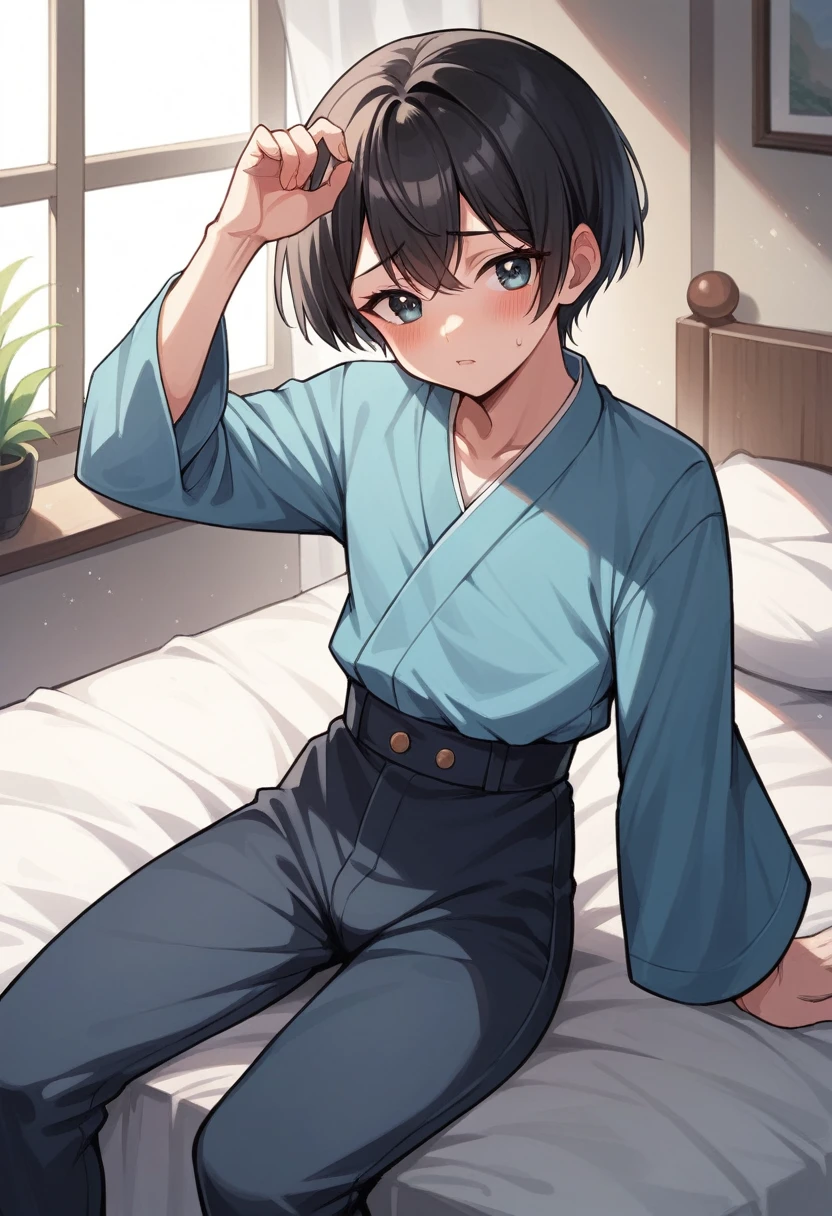 (masterpiece),(Highest quality),sexy,Navy blue kimono,Clothes falling apart,Black Hair,Short Bob,Bangs,Curl your hair outwards on both sides,crossdresser,cute,blush,Watery eye,Iris,Bed in your room,seat,Black spats,pants,Crossdresser
