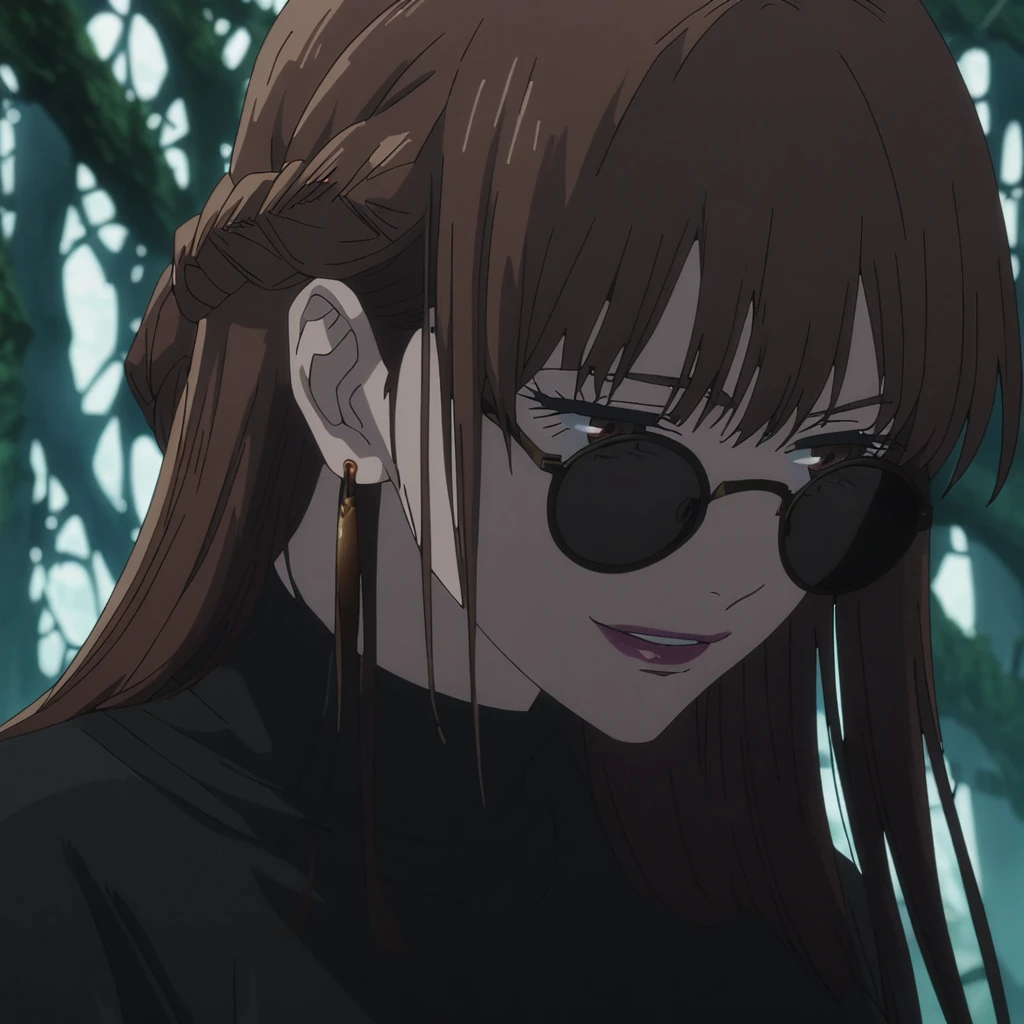 1girl, female gojo satoru, anime screencap from jujutsu kaisen, gojo satoru female version, solo, long_straight hair, blue eyes ((Dark Brown_hair, straight hair, french braid)), forest background (hanging breasts) upper_body, smile, brown_eyes, lips (straight hair) (wearing round sunglasses) ((wearing black sweater outfit)) breast, "very detailed and high resolution" (brown eyes)  ((solo)) (front view) (earings) ((high resolution)) ((good quality)) ((french braid)) 