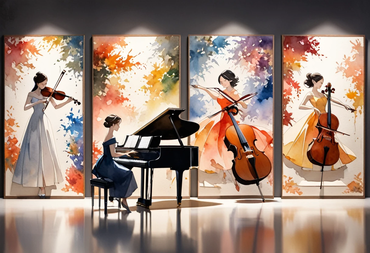 watercolor painting, watercolor detailed art, watercolor splash, art, fusion of paper cutting and shadow puppetry, best quality, super fine, 16k, 2.5D, delicate and dynamic depiction, trio, (piano, violin, cello), three beautiful women performer in dresses, portrait, elegant effects, detailed decorated backgrounds, texture of old paper, abstract painting