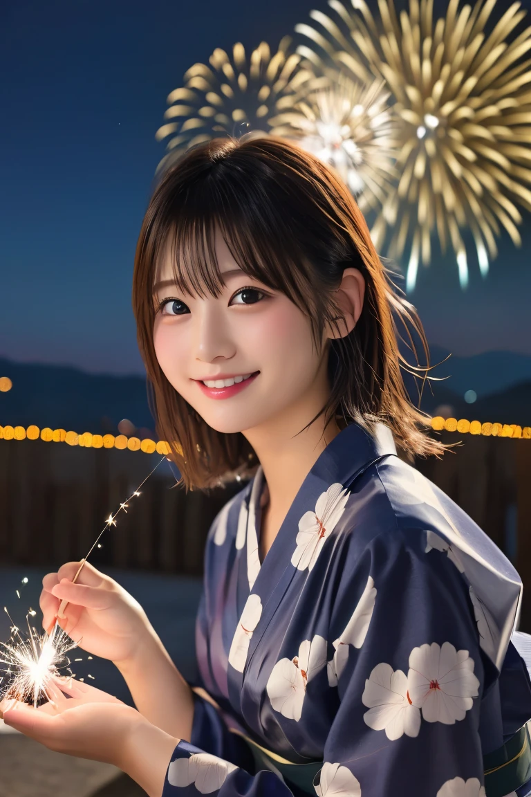 Highest quality, (beautiful)、yukata、night店、night、Fireworks、festival、Soft 、Sparkler、squat