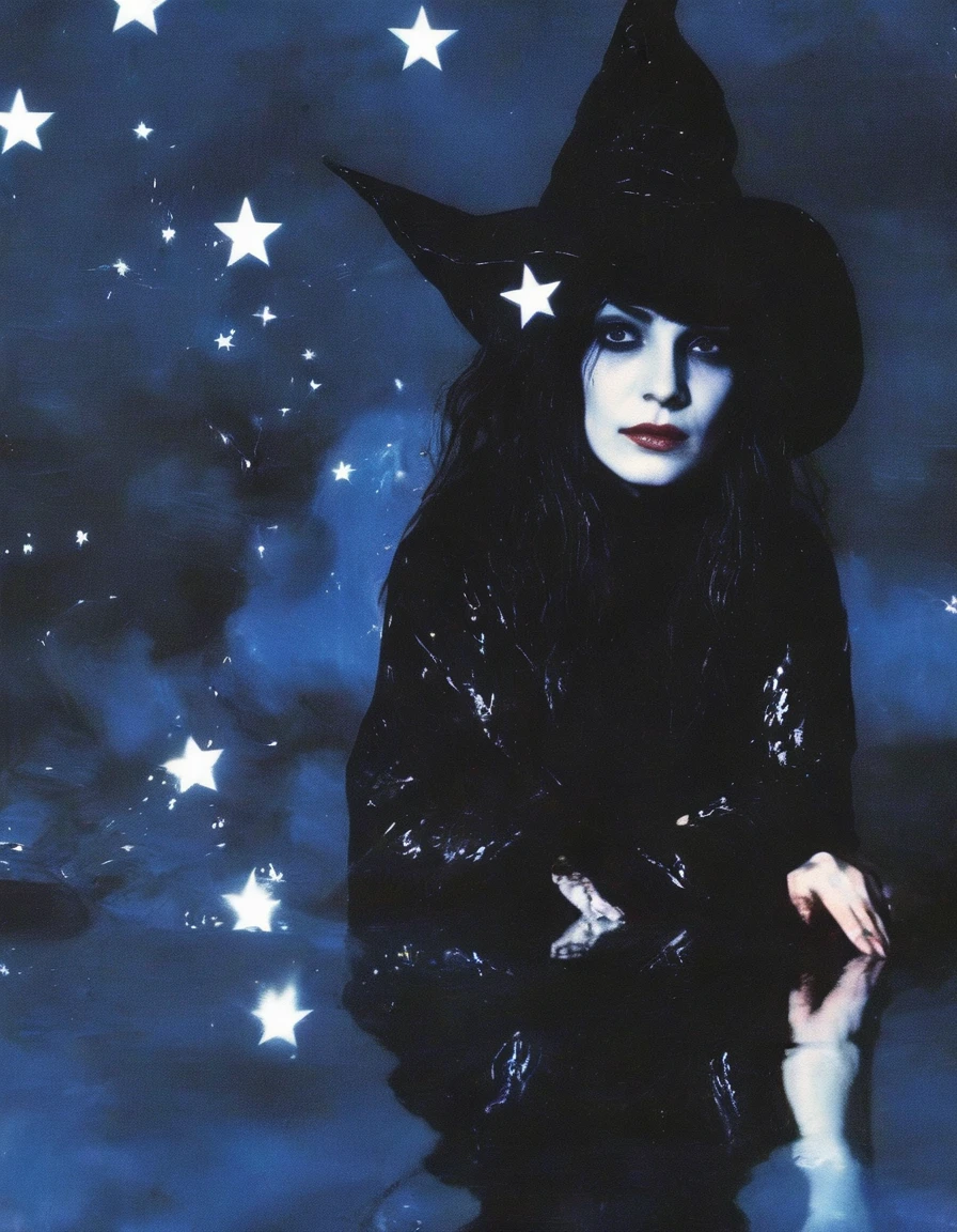 witch in water, stars background