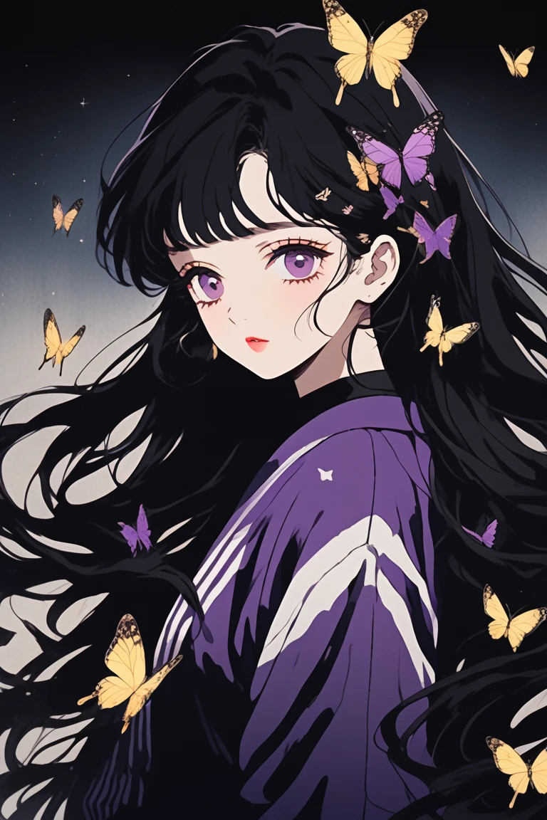 (Highest quality, sketch:1.2),Realistic,Illustrator,anime,1 Girl, Detailed lips,sweater,custom,,Neon Hair,Texture Cropping,masterpiece, Style: Retro Classic, Dark Black、Under the Moon、Black Hair、Beautiful butterfly、虹色のButterfly Hair Ornament、、Fair skin,一つ結びでSide Tail、Butterfly Hair Ornament、school uniform、beautiful girl、Real、cute、Purple Eyes、Side Tail