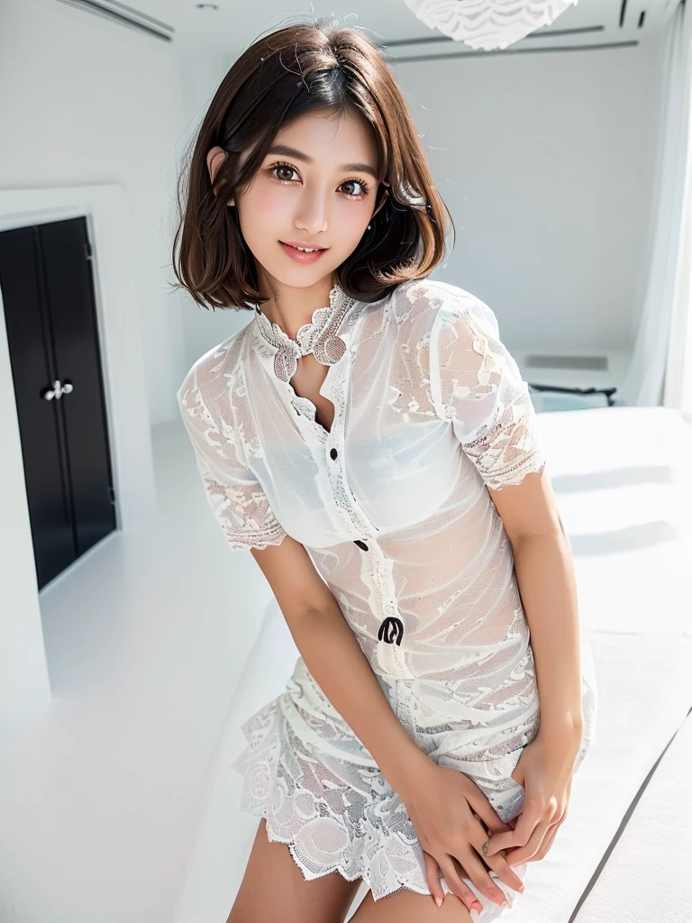 (Highest quality:1.9)、(High resolution)、Live-action image quality、((19 year old female university student、1 person))、Soft lighting by a professional photographer、Natural light、((Very spacious white luxurious room:1.6))、((Bright white room:1.6))、(Standing in front of a very luxurious white bed:1.2)、(White bookshelf background:1.1)、Natural soft light、((Black Hair Color:1.1))、Fair skin、Detailed Eyes、double eyelid、Slightly puffy cheeks、((Small Face:1.0))、((White lace short sleeve shirt、Please wear it with the chest open.:1.7))、((White checked skirt))、(Cute Smile)、((Girly pose 1.8))、((Straight medium-long hair:1.1))、((Full Body Shot:1.2))、((Height: 145cm))、Hands in front、Hold hands between legs、bangs、