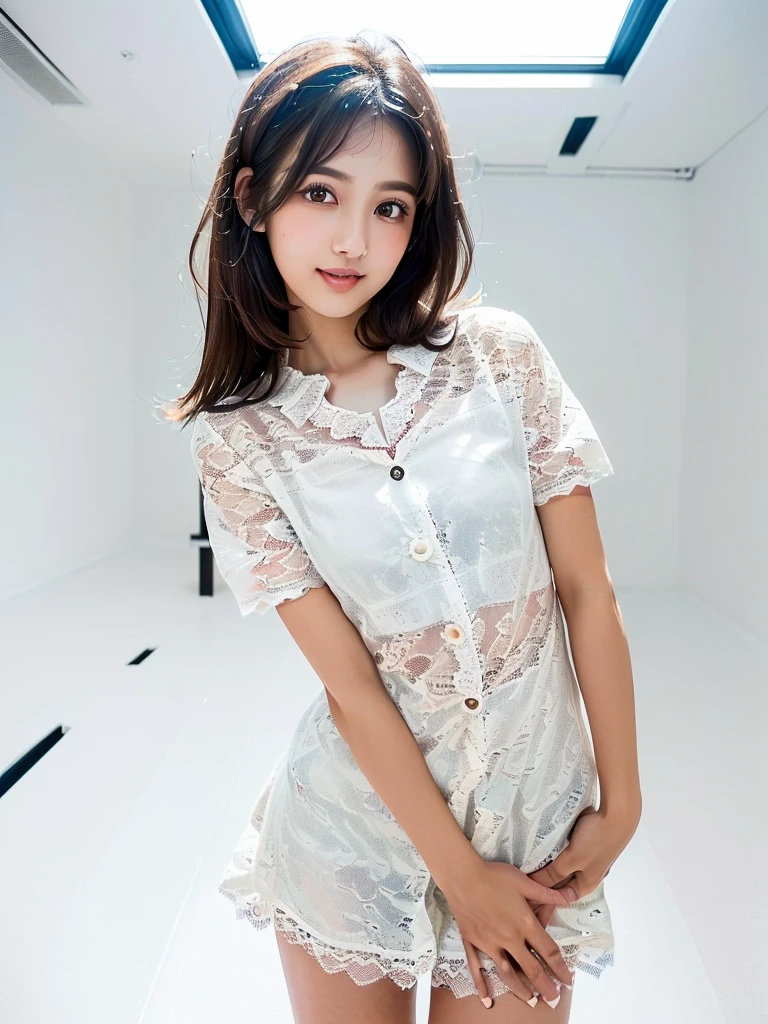(Highest quality:1.9)、(High resolution)、Live-action image quality、((19 year old female university student、1 person))、Soft lighting by a professional photographer、Natural light、((Very spacious white luxurious room:1.6))、((Bright white room:1.6))、(Standing in front of a very luxurious white bed:1.2)、(White bookshelf background:1.1)、Natural soft light、((Black Hair Color:1.1))、Fair skin、Detailed Eyes、double eyelid、Slightly puffy cheeks、((Small Face:1.0))、((White lace short sleeve shirt、Please wear it with the chest open.:1.7))、((White checked skirt))、(Cute Smile)、((Girly pose 1.8))、((Straight medium-long hair:1.1))、((Full Body Shot:1.2))、((Height: 145cm))、Hands in front、Hold hands between legs、bangs、