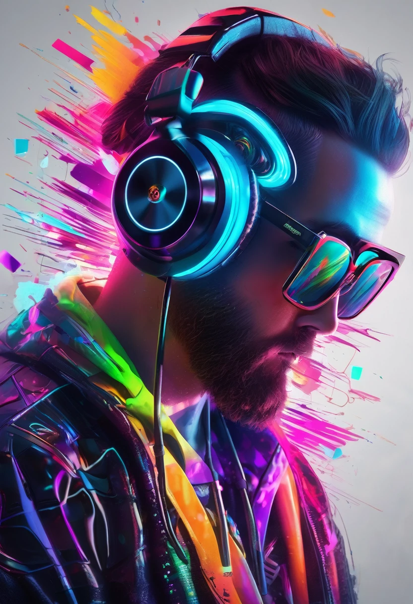 a dj with an adhesive patch style art, colorful abstract design, neon colors, glowing, cyberpunk, futuristic, 4k, 8k, highres, masterpiece:1.2, ultra-detailed, realistic, photorealistic, photo-realistic:1.37, vibrant colors, dynamic lighting, dramatic shadows, moody atmosphere, gritty, grunge, edgy, urban, contemporary, digital art