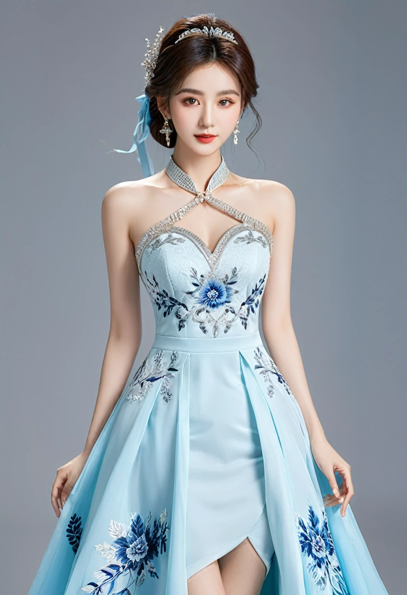 Realistic photo style, whole body 사진에 아름다운 아시아 소녀가 등장합니다., Wearing a unique ethnic style evening gown with delicate skin., bright and lively eyes, Thick eyelashes that look especially attractive. Long dresses are slim and elegant., Eye-catching silver jewelry and alcohol. The high-collar design adds an elegant atmosphere., Color of blue and white porcelain. using light and shadow, The vivid and harmonious appearance of the protagonist is highlighted... whole body, (masterpiece, best quality, professional, perfect composition, very aesthetic, absurd, very detailed, intricate details:1.3)