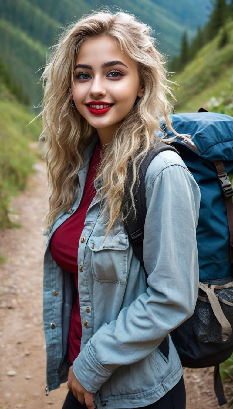 ultrarealistic high quality fullbody photo of a beautiful busty slim european 19-year-old mwoman with cute hyperdetailed shy face and dyed platin blonde long messy hair and happy face, realistic round hazel eyes, red lips, dark eye makeup with eyeliner, wearing outdoor hiking outfit with backpack, hourglass body, outdoor shooting on a lost place 