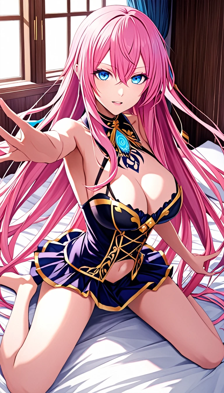 {{{Beautiful adult woman}}},{{Vocaloid Megurine Luka}},Pink long hair,Blue Eyes,,,{{{lure}}},{Dynamic Pose},bed,