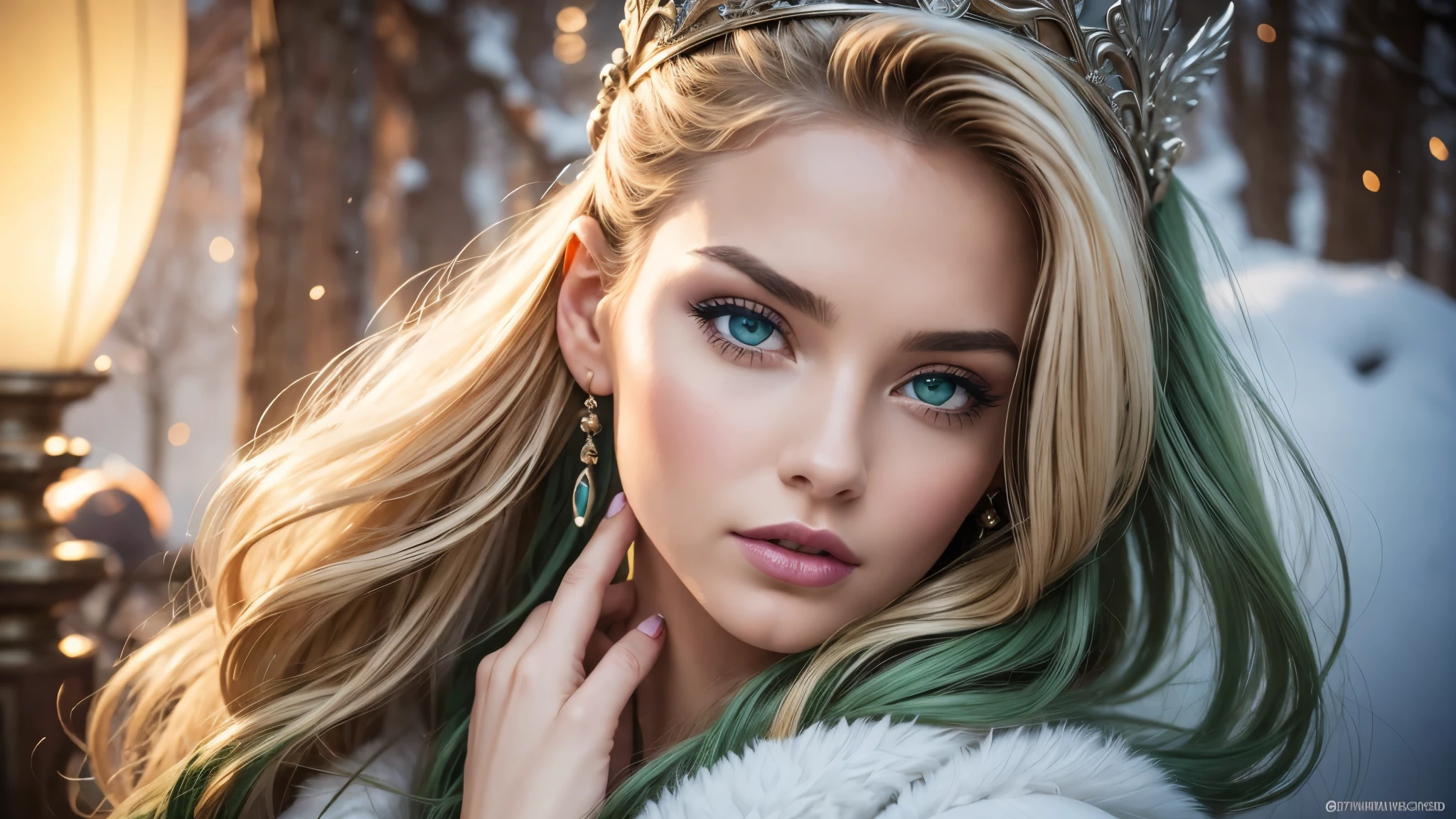 vintage style fantasy, masterpiece, magnificent art, best quality, 1girl, close-up girl nordic princess, Scandinavian mountains, winter weather, symmetrical and hyper detailed face, silky skin like peach silk, vibrant and aggressive green eyes, white and messy hair up to the waist, sculptural body, (sparks: 0.7), Adobe Illustration, Trand on Artstation, 8K, hd, UHD, cold and soft lighting,  --q 500 --s 100, -