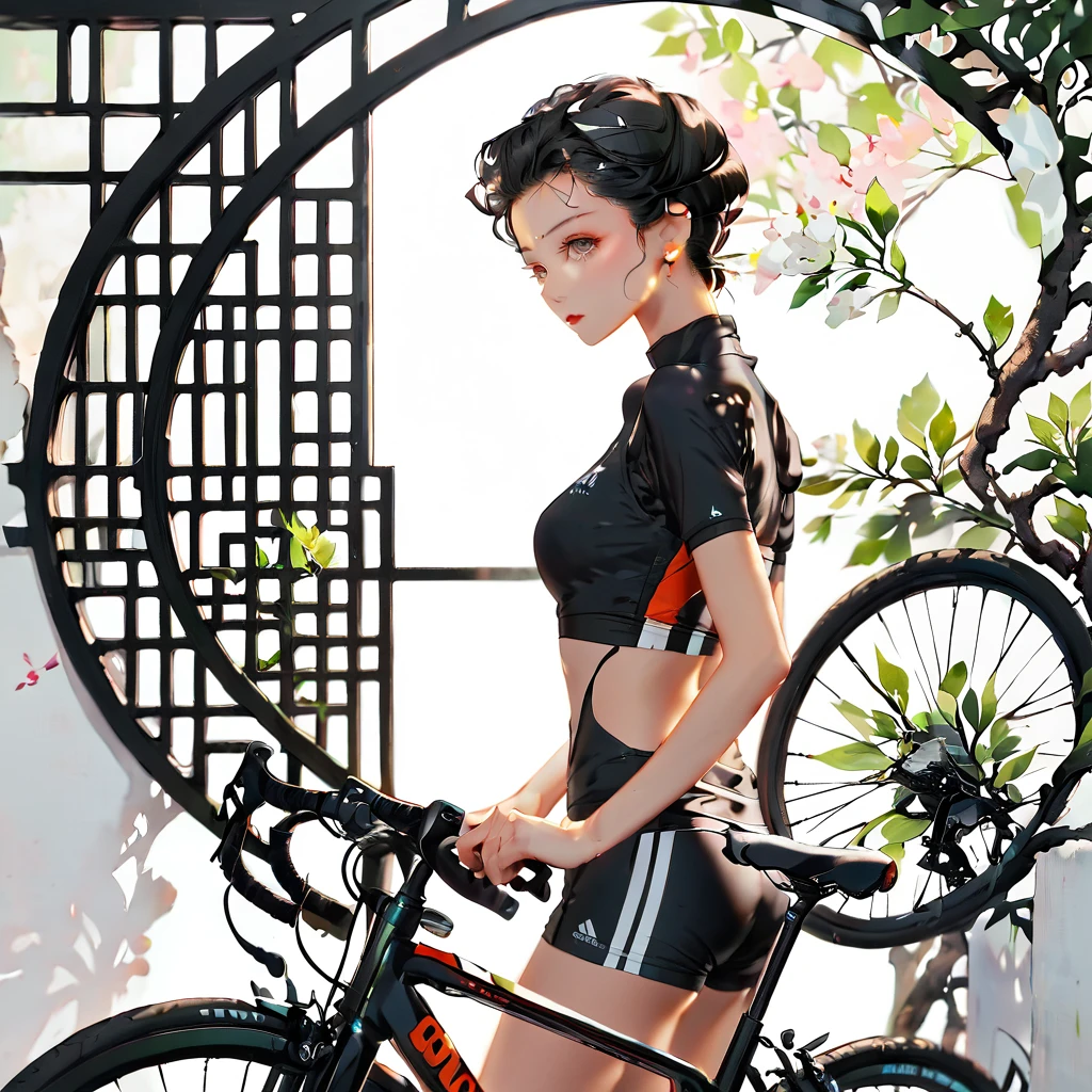 (((paper-cutting style))), 1 girl, long black short hair, slickedback hair, Sport cloth, bike, lateral view