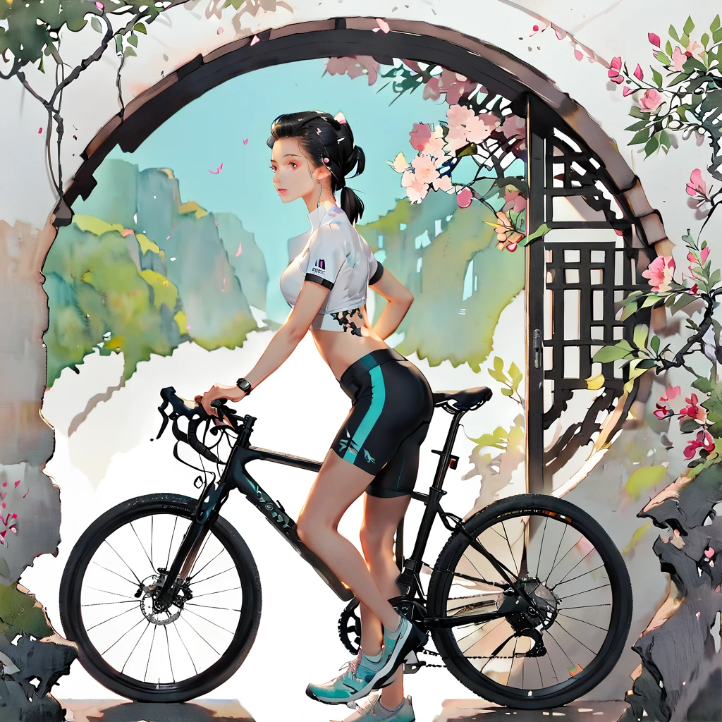 (((paper-cutting style))), 1 girl, long black short hair, slickedback hair, Sport cloth, bike, lateral view