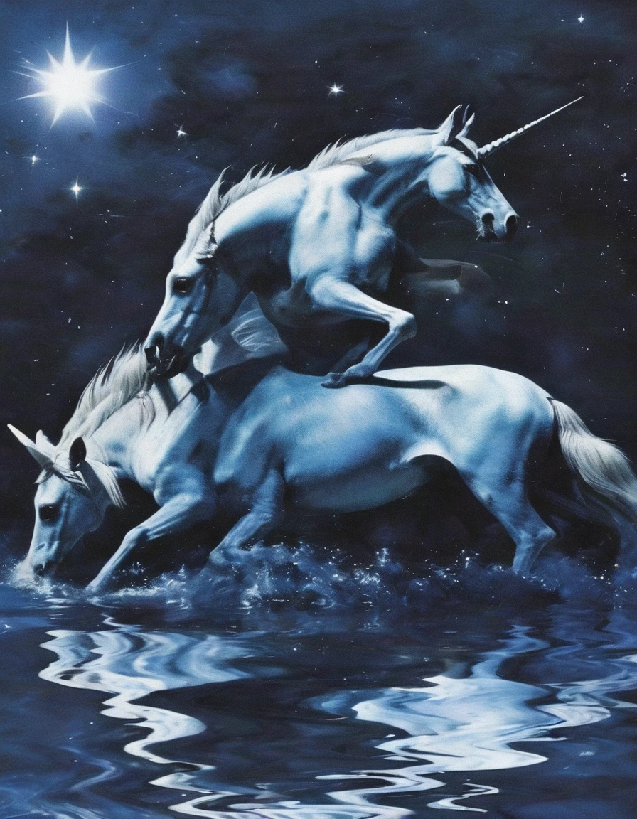 unicorn in water, stars background