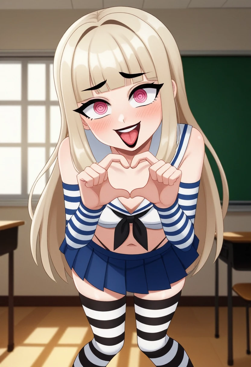 core_9, score_8_up, score_8, (top quality,8k wallpaper),(masterpiece,best quality:1.2), ((source_anime, anime)), 1girl, green eyes, goat pupils, ((very light blonde hair, long hair, straight hair)), fringe bangs, porcelain white skin, geisha makeup, pale skin, small breasts, yandere eyes, crazy smile, wide eyes, jealous, jealousy, very jealous, yandere, sleeveless, blue and white sailor girl top, black tie, black thong straps, ((blue skirt, pleated skirt:1.2)), red and white striped thigh highs, striped thigh highs,, midriff, thong, asymmetrical thigh highs, ((white arm warmers)), standing, classroom, black eyebrows, indoors, bedroom, girly, feminine, egirlthot, standing, obsessive, ((lipstick)), black mascara, black eyeliner, pink eyes, white powdered face, very white face, Goth girl, egirlthot, heart fingers, large eyes, beauty mark, ((super crazy eyes, very wide eyes, insane)), giggling, laughing, leaning forward, head tilt, one eye partially closed, s1z3d1ff_t4lk, taller girl, standing, legs straight, bent forwards, arched back, hands on knees, cleavage, breasts squished between arms, [[from below]:0.5], pov, eye contact, in a bedroom, detailed background,incoming kiss, closed eyes, blush, 